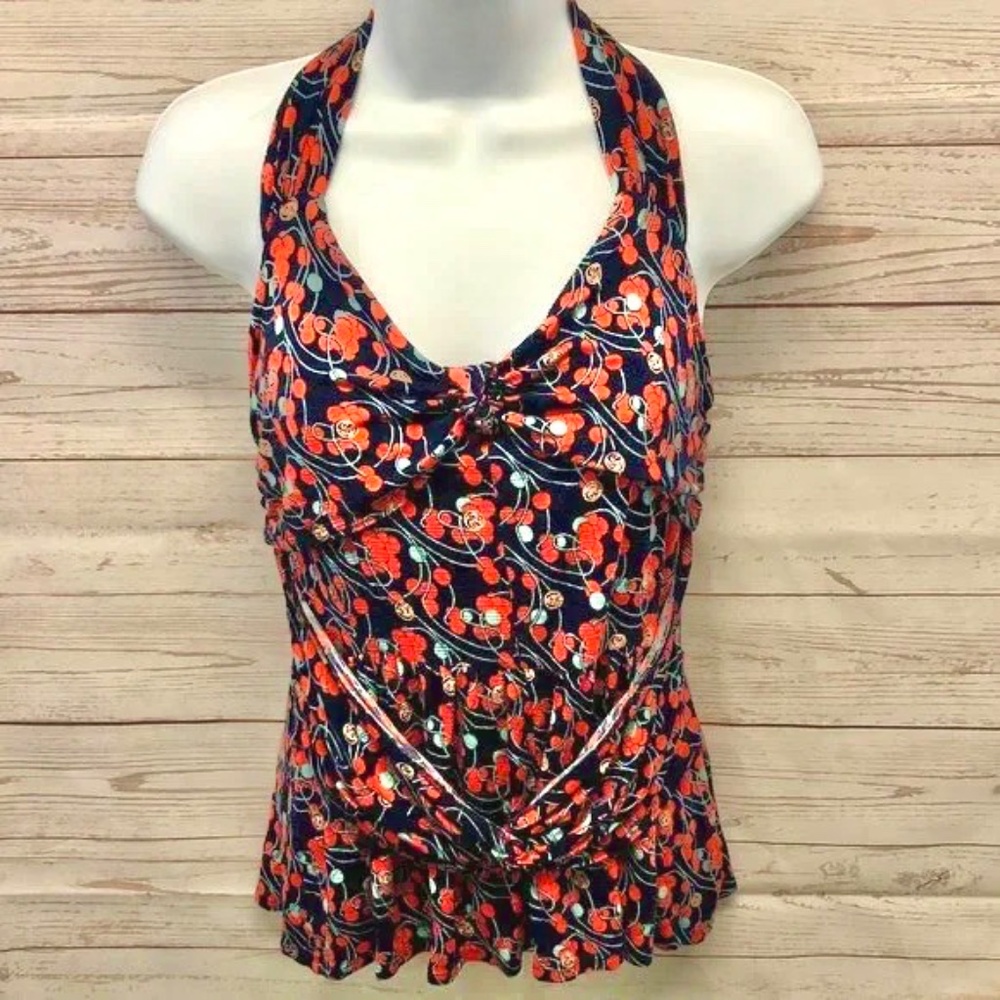 Anthropologie Ric Rac Halter Peplum Knotted Cherry Print Top